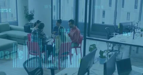 Image of financial data processing over diverse business people in office Illustrazione stock