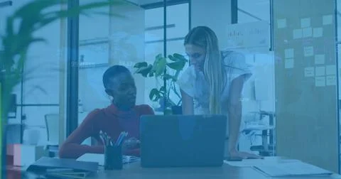 Image of financial data processing over diverse business people in office 스톡 일러스트