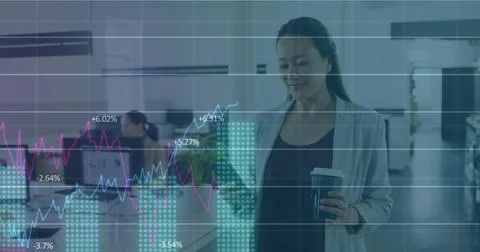 Image of financial data processing over biracial businesswoman using smartphone Stock Illustration