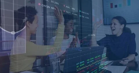 Image of financial data processing over diverse business people in office Stock Illustration