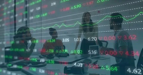 Image of financial data processing over diverse business people in office Stock Illustration