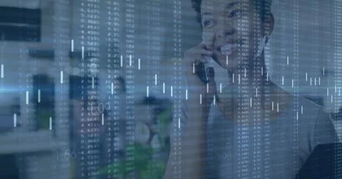 Image of financial data processing over biracial businesswoman using smartphone 스톡 일러스트