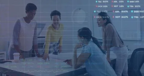 Image of financial data processing over diverse business people in office Illustrazione stock