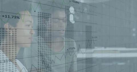 Image of financial data processing over diverse business people in office Stockillustratie