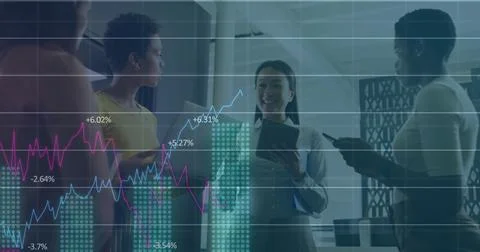 Image of financial data processing over diverse business people in office Stock Illustration