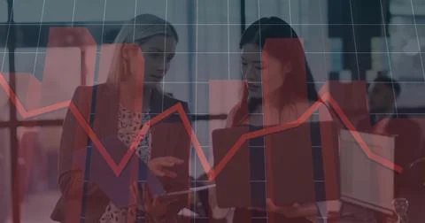 Image of financial data processing over diverse business people in office イラスト素材