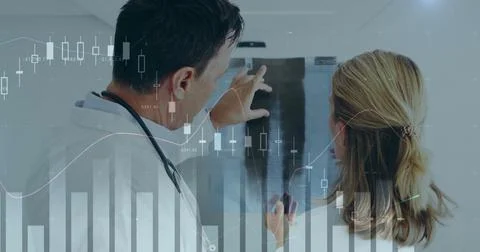 Image of financial data processing over diverse male and female doctors Stock Illustration