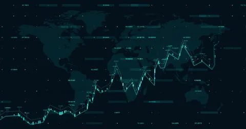 Image of financial data processing over world map on black background Illustrazione stock