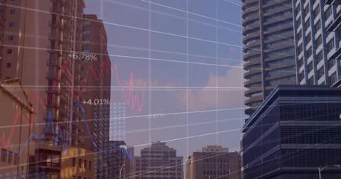 Image of financial data processing over cityscape background イラスト素材