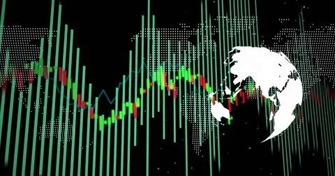 Image of financial data processing over globe and world map on black background Illustrazione stock