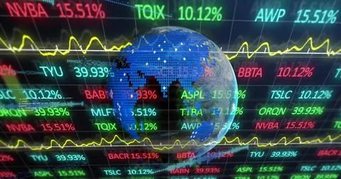 Image of financial data processing over globe on black background 스톡 일러스트