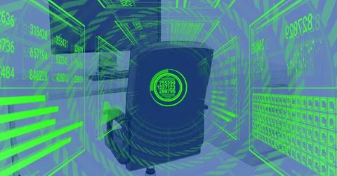 Image of financial data processing over computer on desk in office and blue Stock Illustration