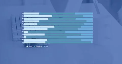 Image of financial data processing over computer on desk in office and blue Illustrazione stock