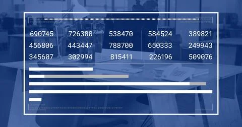 Image of financial data processing over computers on desks in office and blue Stock Illustration