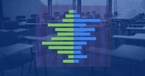 Image of financial data processing over computers on desks in office and blue Stock Illustration