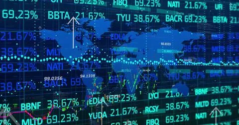 Image of financial data processing over world map on black background イラスト素材