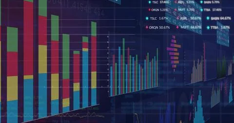 Image of financial data processing over dark background Illustrazione stock