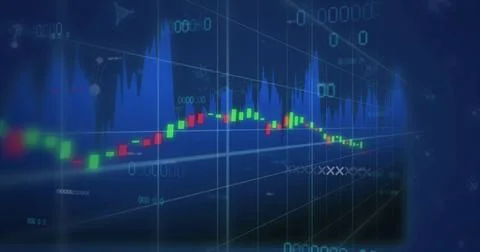 Image of financial data processing over molecules on black background Stock Illustration