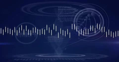 Image of financial data processing over dna strand on black background Stock Illustration