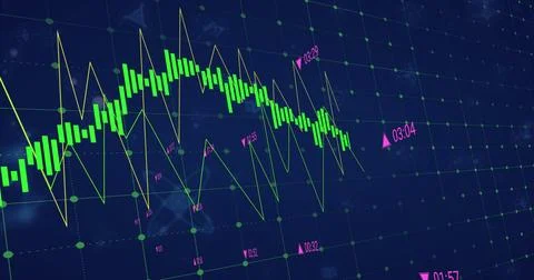 Image of financial data processing over molecules on black background Stock Illustration