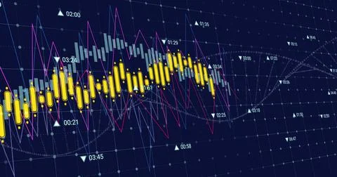 Image of financial data processing over dna strand on black background Illustrazione stock