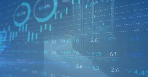 Image of financial data processing over blue background 스톡 일러스트