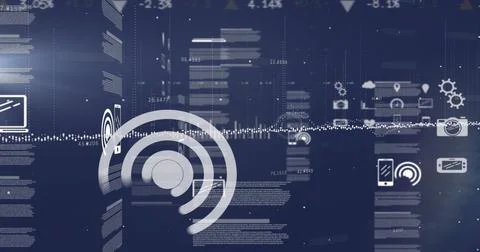 Image of financial data processing over blue background 스톡 일러스트