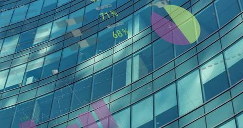 Image of financial data processing over office building in city イラスト素材