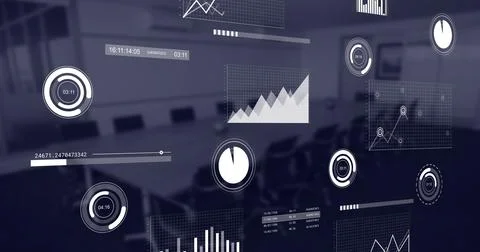 Image of financial data processing over empty office 스톡 일러스트