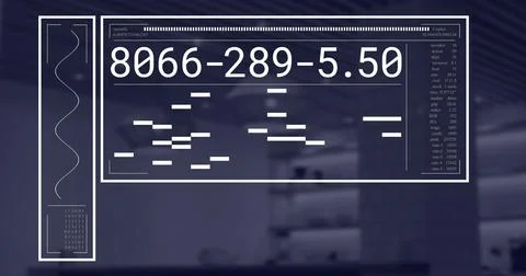 Image of financial data processing over empty office Stockillustratie