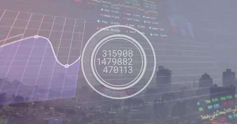 Image of financial data processing over cityscape Stock Illustration