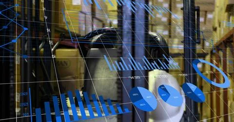 Image of financial data processing over warehouse Illustrazione stock