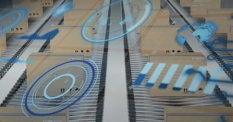 Image of financial data processing over card board boxes in warehouse Stock Illustration