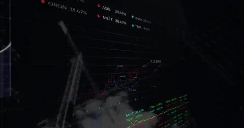 Image of financial data processing over crane and clouds Stock Illustration