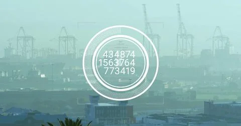 Image of financial data processing over cityscape 스톡 일러스트