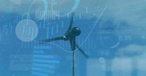 Image of financial data processing over wind turbine イラスト素材