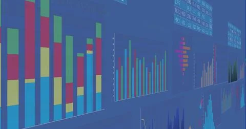 Image of financial data processing over blue background Illustrazione stock