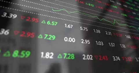 Image of financial data processing over cityscape 스톡 일러스트