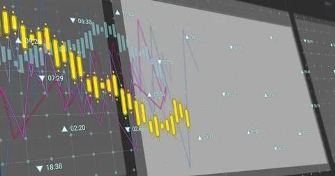 Image of financial data processing over screens on black background 스톡 일러스트