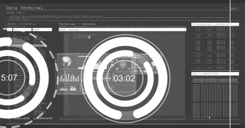 Image of financial data processing over screens on black background 스톡 일러스트