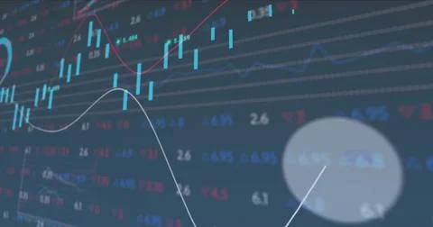 Image of financial data processing over blue background Stockillustratie