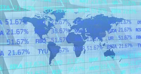 Image of financial data processing over blue world map Stock Illustration