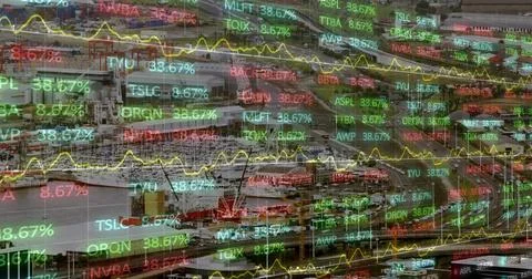Image of financial data processing over cityscape Stock Illustration