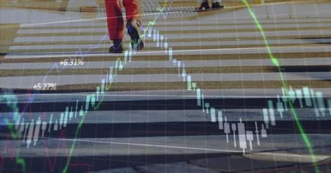 Image of financial data processing over zebra crossing in city street Ilustração Stock