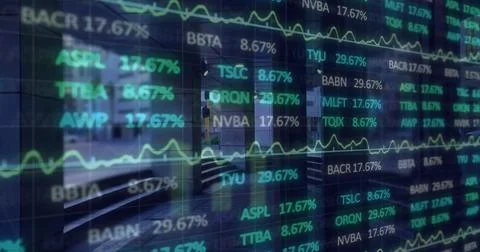 Image of financial data processing over road traffic and empty office Ilustração Stock