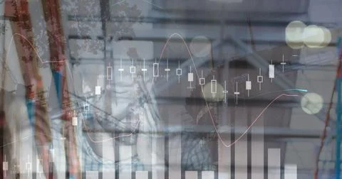 Image of financial data processing over tired man using computer Illustrazione stock