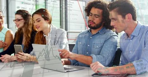 Image of financial data processing over men and women using smartphone and Stock Illustration