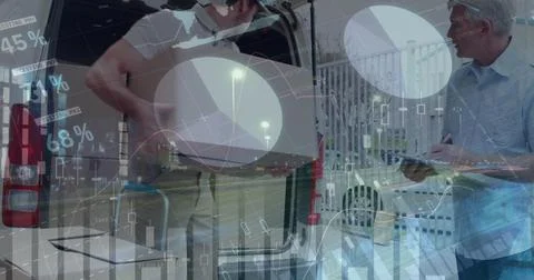 Image of financial data processing over delivery man loading up car outside of Illustrazione stock