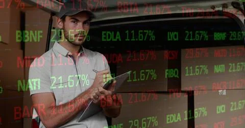 Image of financial data processing over delivery man writing on clipboard Illustrazione stock