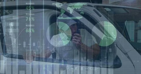 Image of financial data processing over delivery man getting out of car outside Illustrazione stock
